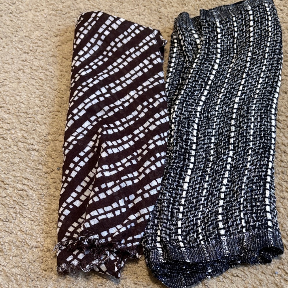 Black and brown scarves - black is an infinity with silver metallic threads.